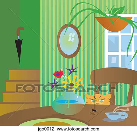 A cat looking at a spider View Large Illustration Drawing - A cat looking at a spider. Fotosearch
