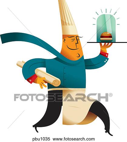 A chef carrying a burger and documents View Large Illustration Stock Illustration - A chef carrying a burger and documents. Fotosearch