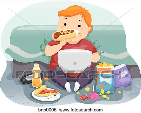 Stock Illustration - A child eating a hot dog while playing on a laptop. Fotosearch