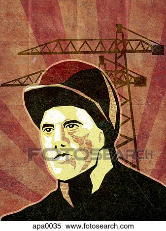 Stock Illustration - A construction worker with a crane behind him. Fotosearch