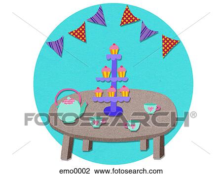 Drawing - A dessert table with tea. Fotosearch