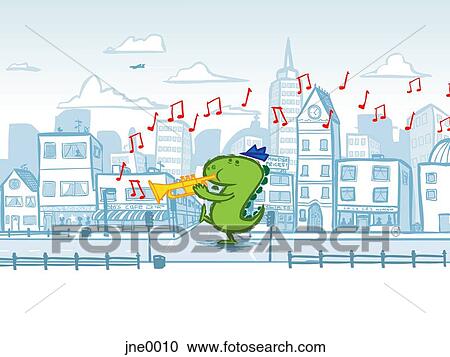 A dinosaur playing the trumpet View Large Illustration Clipart - A dinosaur playing the trumpet. Fotosearch