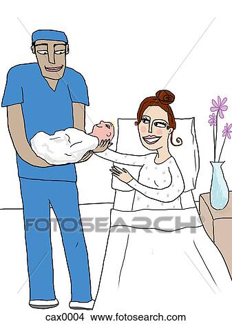 Stock Illustration - A doctor handing a woman her newborn baby. Fotosearch
