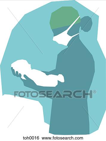 Stock Illustration - A doctor holding a newborn baby. Fotosearch