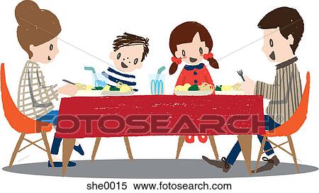 Stock Illustration - A familiy sitting and eating dinner. Fotosearch