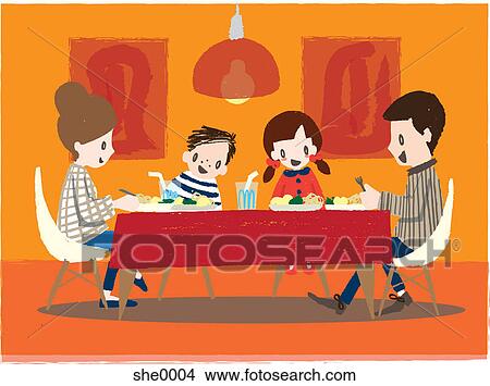 Stock Illustration - A family sitting and having dinner together. Fotosearch