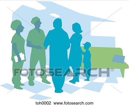 Drawing - A family talking to doctors. Fotosearch