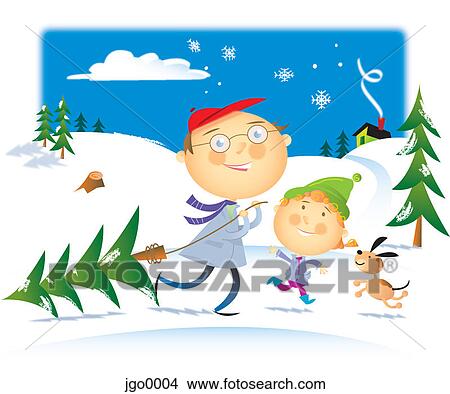 Stock Illustration - A father hauling a cut tree with his son and dog. Fotosearch