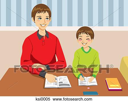 Stock Illustration - A father helping his son with his homework.. Fotosearch