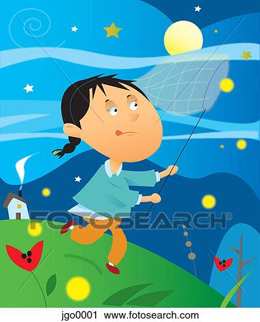 Clip Art - A girl catching stars with a butterfly net. Fotosearch