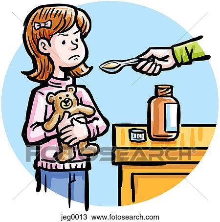 Drawing - A girl not happy about taking medicine. Fotosearch