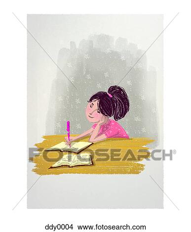 Stock Illustration - A girl writing in a journal. Fotosearch