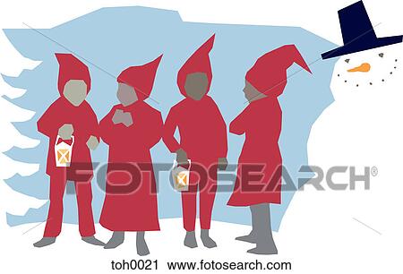 Clip Art - A group of children dressed as santa claus with lanterns in their hands. Fotosearch