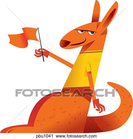 Clip Art - A kangaroo holding a flag. Fotosearch