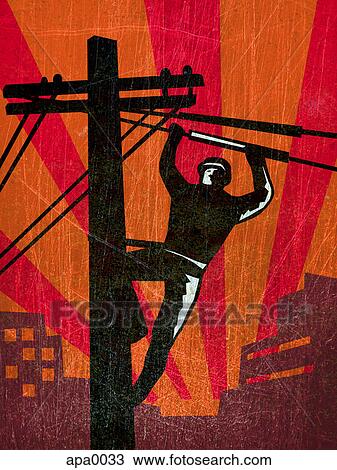 Drawing - A lineman on a utility pole. Fotosearch