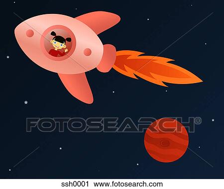 Clip Art - A little girl inside of a rocket ship. Fotosearch