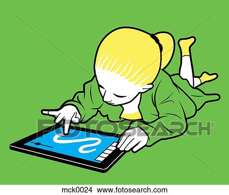Stock Illustration - A little girl using a tablet. Fotosearch