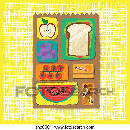 A lunch bag containing fruit, a sandwich, nuts, vegetables, and a juice box View Large Illustration Clip Art - A lunch bag containing fruit, a sandwich, nuts, vegetables, and a juice box. Fotosearch