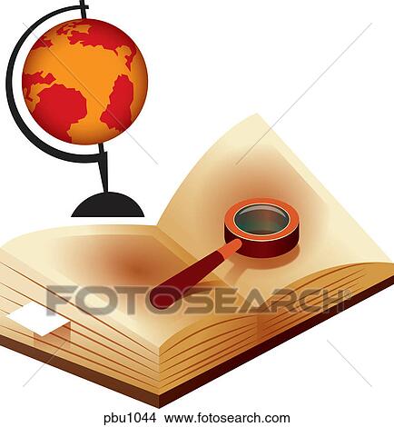 Stock Illustration - A magnifying glass on a book with a globe in the background. Fotosearch
