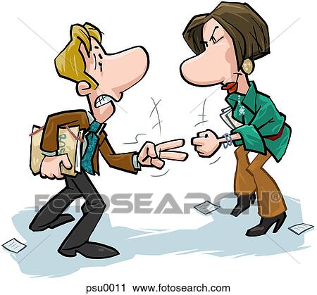 Clip Art - A man and a woman are solving a disagreement by playing paper-stone-scissors. Fotosearch
