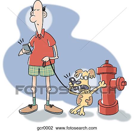 Drawing - A man and his dog on their phones. Fotosearch