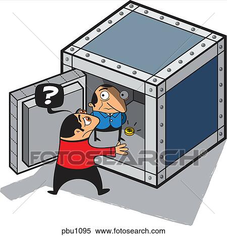 Stock Illustration - A man discovering a man inside a safe with almost no money. Fotosearch