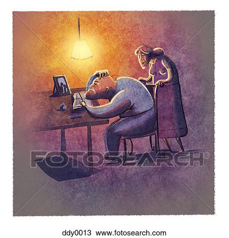 Drawing - A man doing work while his wife stands behind him. Fotosearch