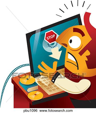 Stock Illustration - A man getting a stop warning on his computer. Fotosearch