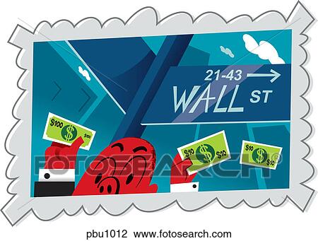 Drawing - A man holding money infront of the wall street sign. Fotosearch