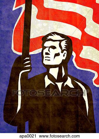 Clip Art - A man holding the American flag. Fotosearch