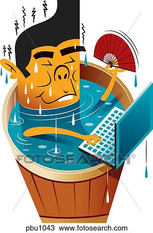 Drawing - A man in a hot tub working on his computer. Fotosearch