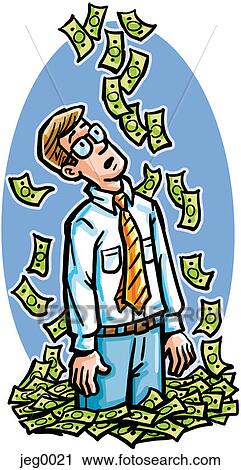 Clip Art - A man looking at money falling from the sky. Fotosearch