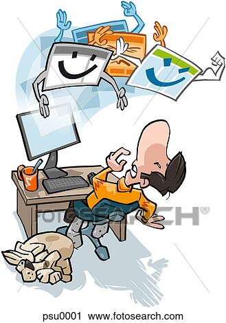 Clip Art - A man looking at web sites popping from his computer screen.. Fotosearch