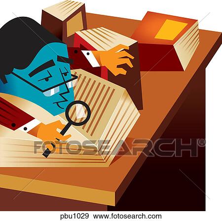 Stock Illustration - A man looking through books with a magnifying glass. Fotosearch