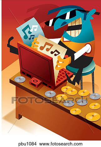Stock Illustration - A man looking through his catalog of music on his laptop. Fotosearch