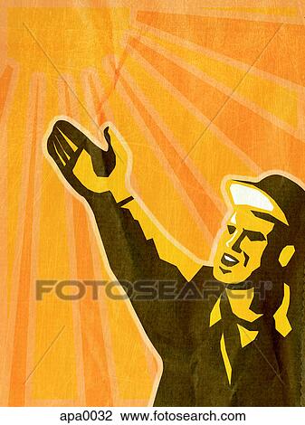 Drawing - A man pointing to a sunburst. Fotosearch