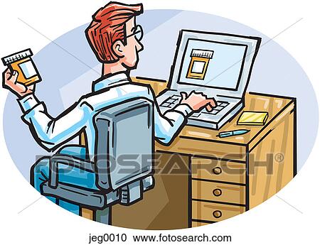 Clipart - A man reading about a prescription online. Fotosearch