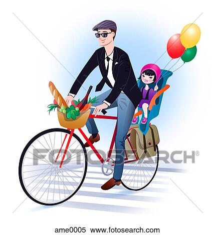 Stock Illustration - A man riding a bicycle with his daughter in the back seat holding balloons. Fotosearch