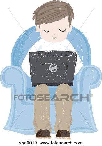 A man sitting and using his laptop View Large Illustration Stock Illustration - A man sitting and using his laptop. Fotosearch