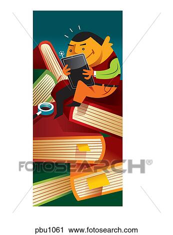 Clip Art - A man sitting on a pile of books while looking at his mobile tablet. Fotosearch
