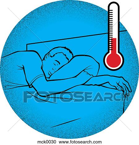 Clipart - A man sleeping with a thermostat in the foreground. Fotosearch