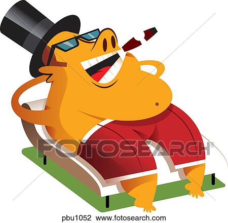Drawing - A man smoking a cigar while suntanning. Fotosearch