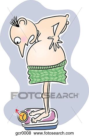 Stock Illustration - A man standing and looking at a weigh scale. Fotosearch