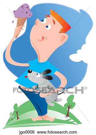 A man trying to enjoy ice cream while holding his dog View Large Illustration Stock Illustration - A man trying to enjoy ice cream while holding his dog. Fotosearch