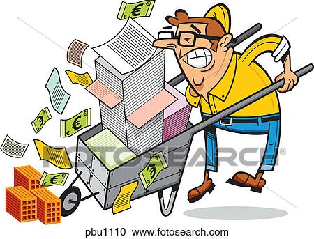 Clipart - A man with a wheelbarrow full of documents and money. Fotosearch
