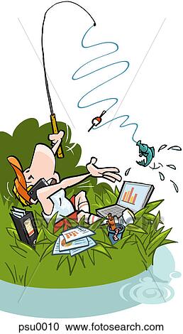Clipart - A man working while on vacation. Fotosearch