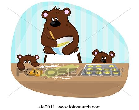 Clip Art - A mother bear baking cookies with her cubs. Fotosearch