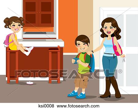 Stock Illustration - A mother trying to get her children out the door. Fotosearch