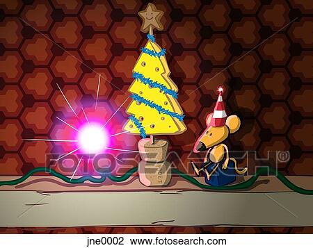 A mouse sitting next to a Christmas tree made of cheese View Large Illustration Drawing - A mouse sitting next to a Christmas tree made of cheese. Fotosearch