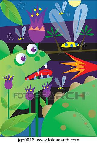 A nature scene with a frog, flowers, and flies View Large Illustration Stock Illustration - A nature scene with a frog, flowers, and flies. Fotosearch